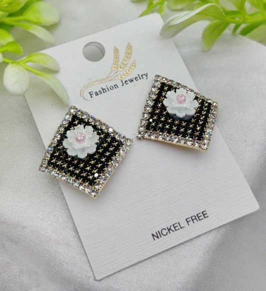 Imported Elegant Floral Stud Earrings With Rhinestone Border - Mega Bazzar Pk