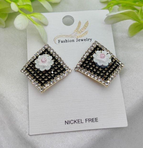 Imported Elegant Floral Stud Earrings With Rhinestone Border - Mega Bazzar Pk