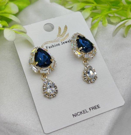 Imported Elegant Royal Blue Drop Earrings With Crystal Accents - Mega Bazzar Pk